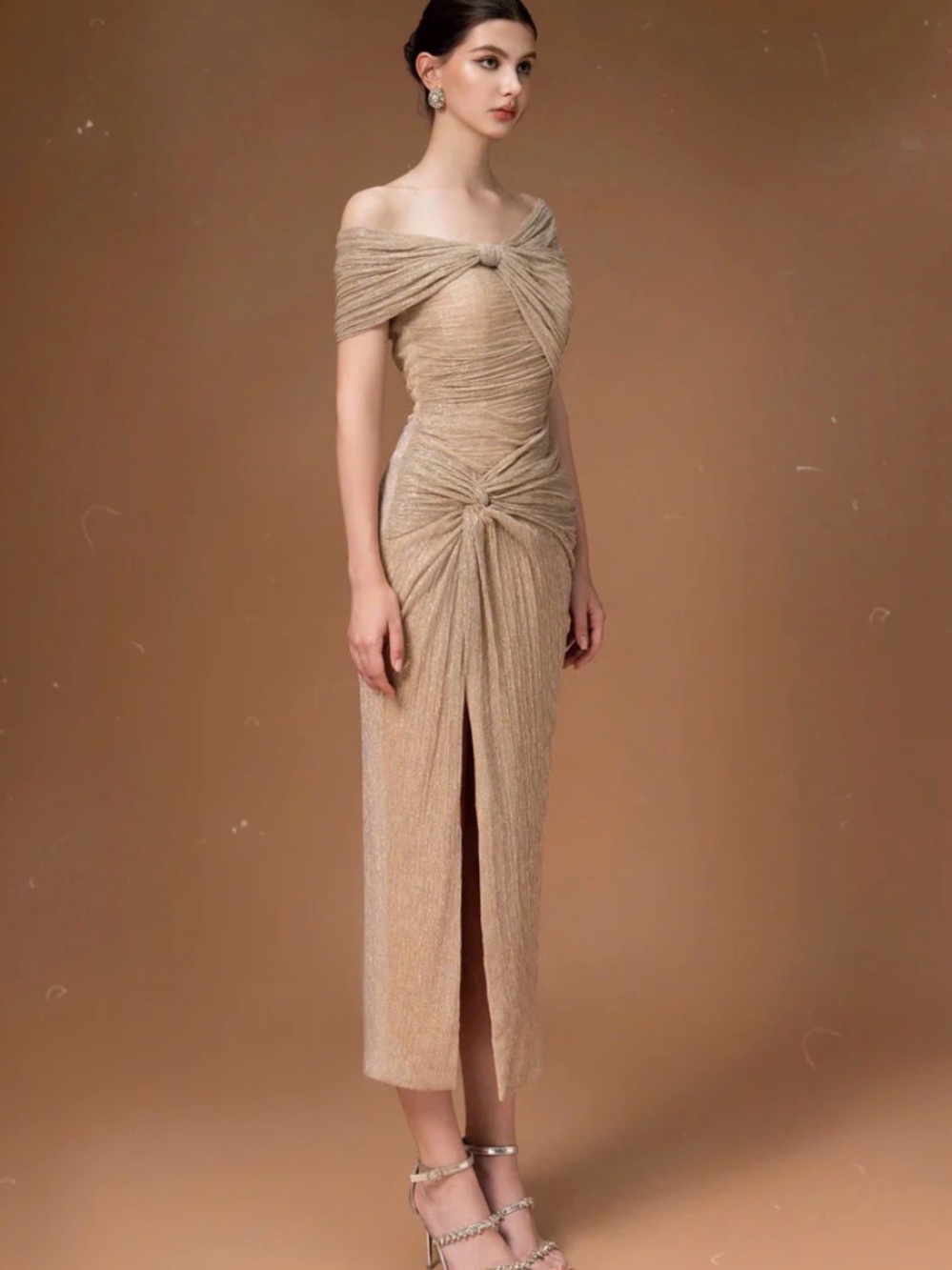 Hacchic Couture Off Shoulder Midi Dress In Nude, Champagne , Size 6 ( USA) - Picture 6 of 8